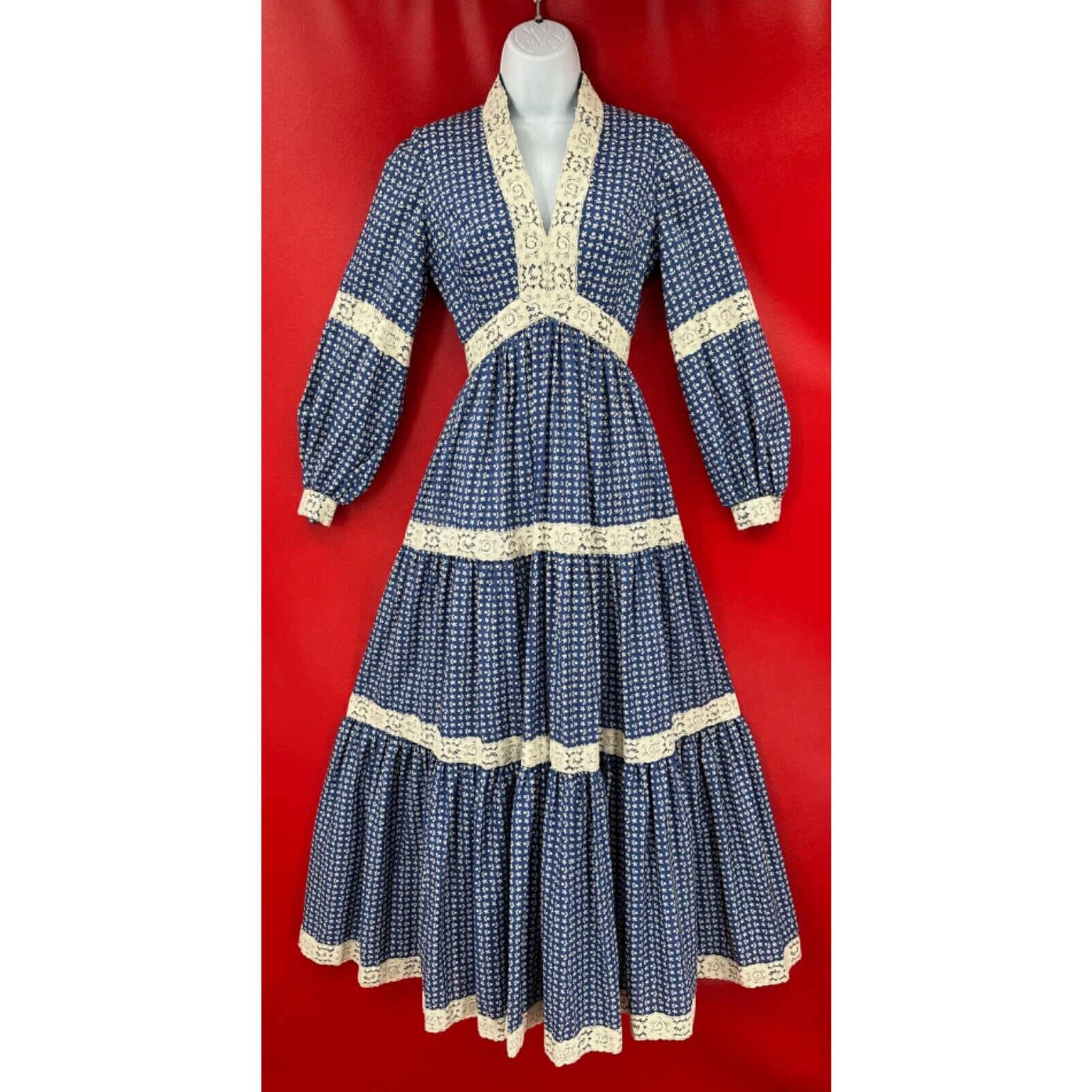 Vintage Victor Costa Calico Lace Cotton Hippie Mazi Dress Size Xs To S